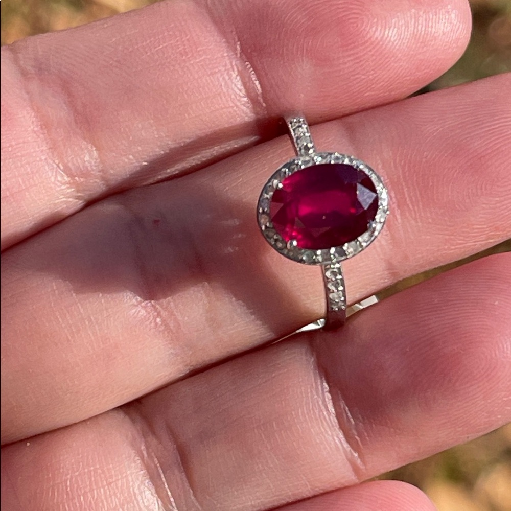 Natural Ruby & Diamond 925 Silver Ring Size 7